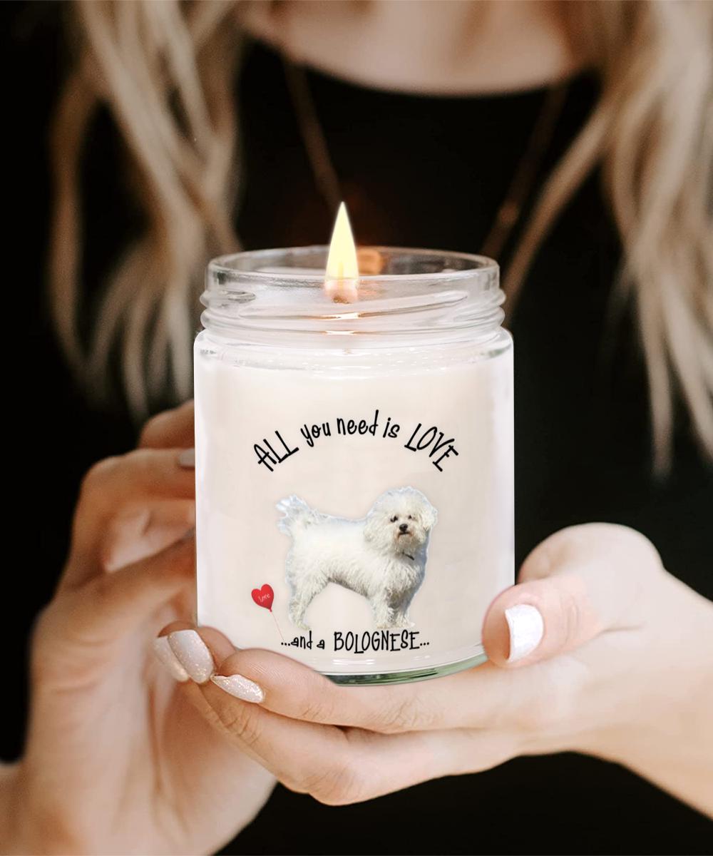 All you need is love and a Bolognese dog candle gift