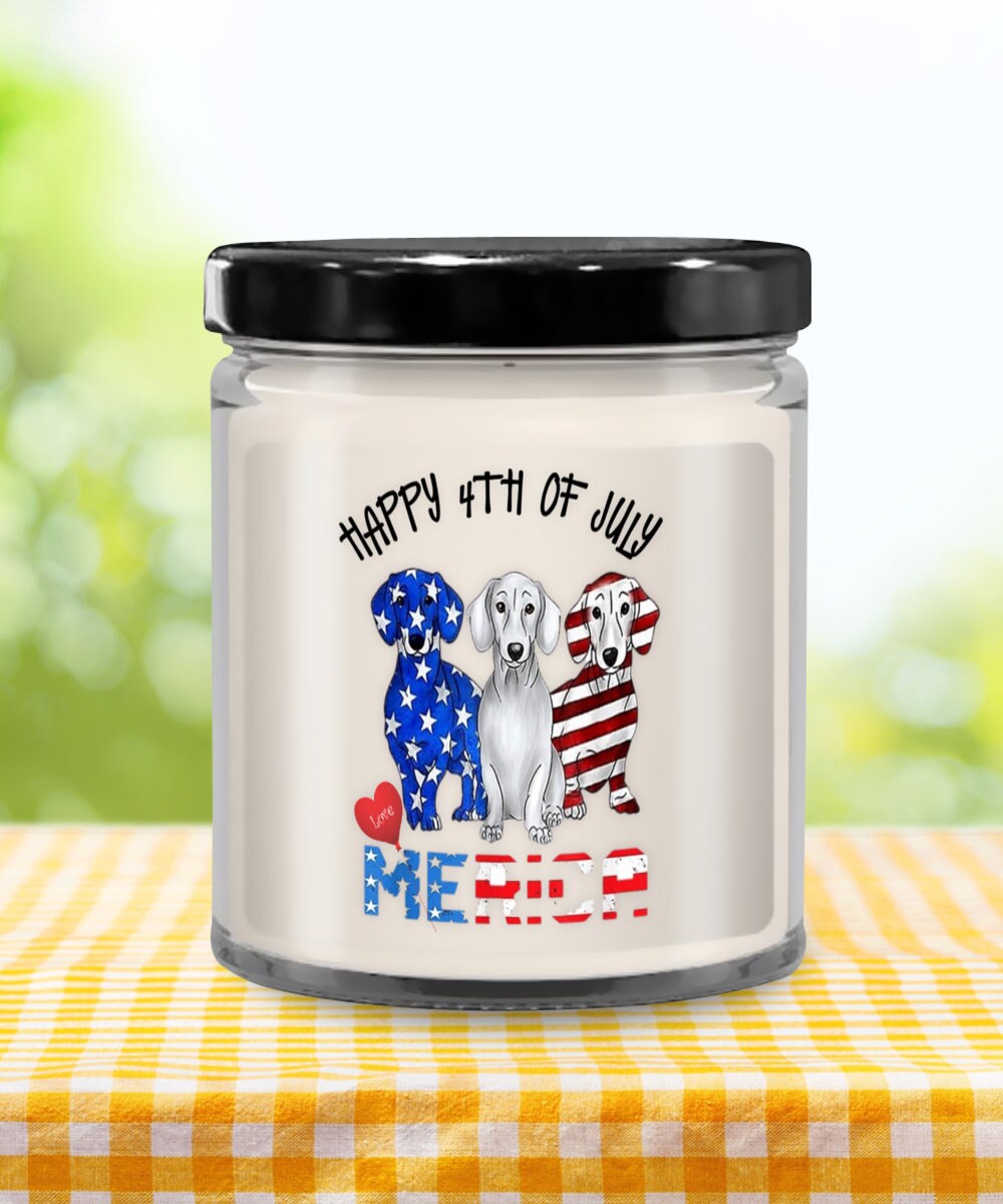 Happy 4th of July America Patriotic Candle with Festive Dogs