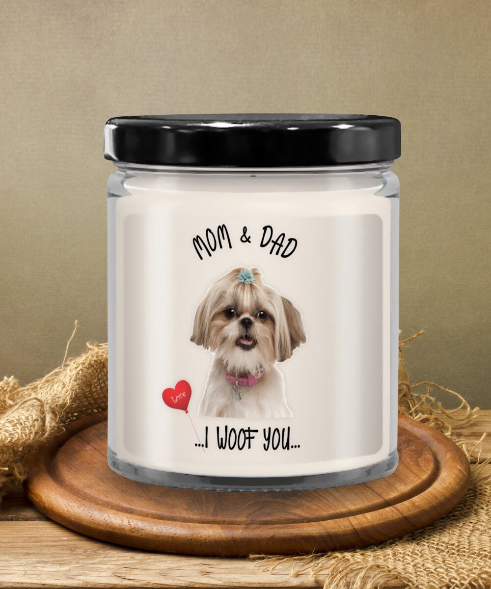 Lhasa Apso Dog Gift Vanilla Candle I Woof You Mom and Dad