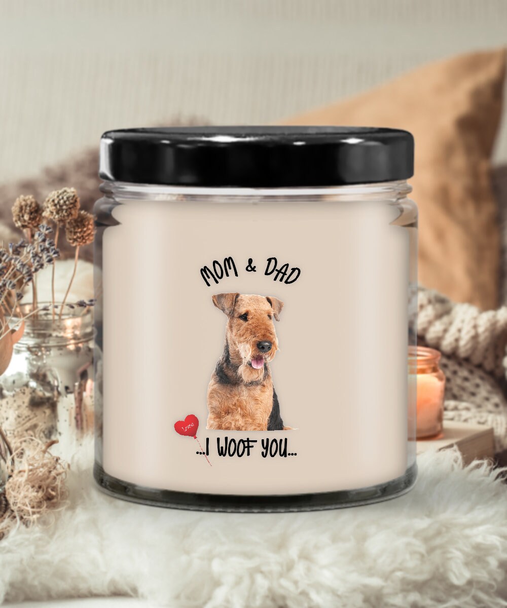 Mom and Dad I Woof You Vanilla Candle Airedale Dog Gift