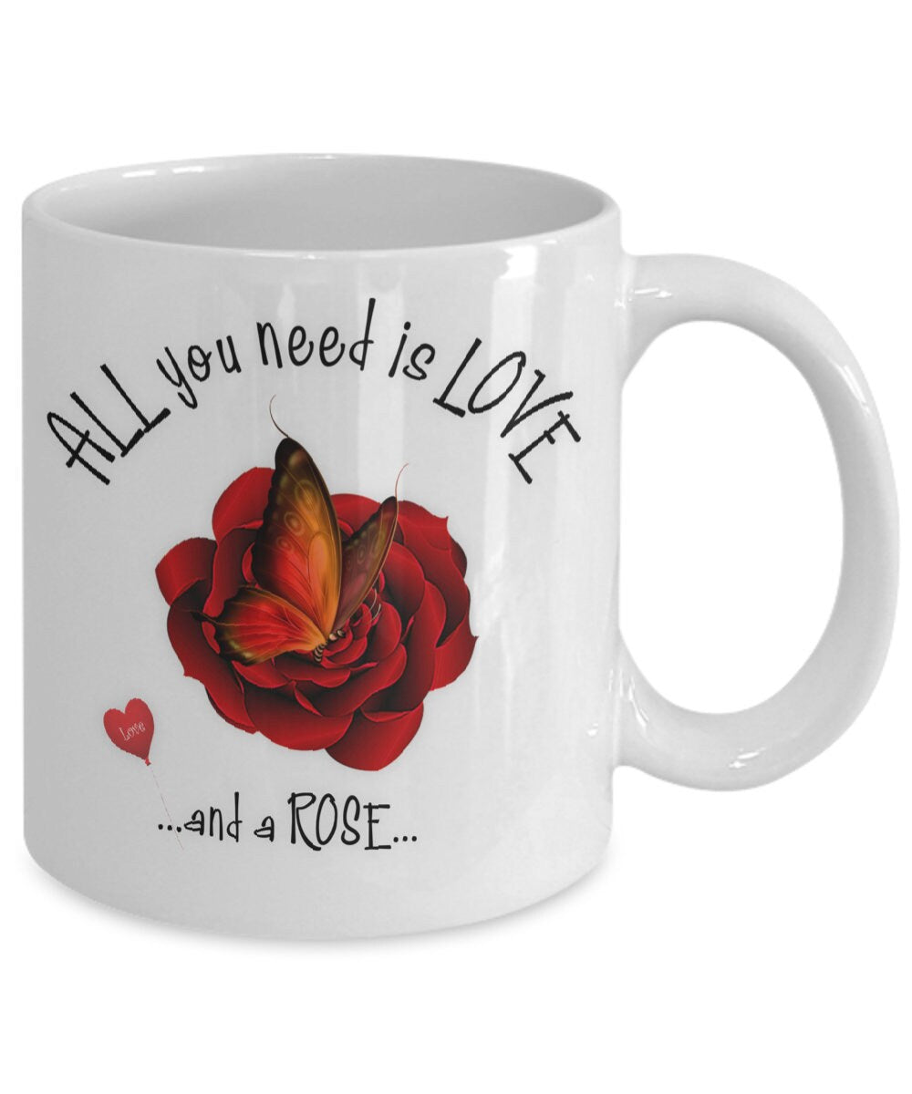 Red Rose Flower Mug with Butterfly and Love Quote Gift for Mom