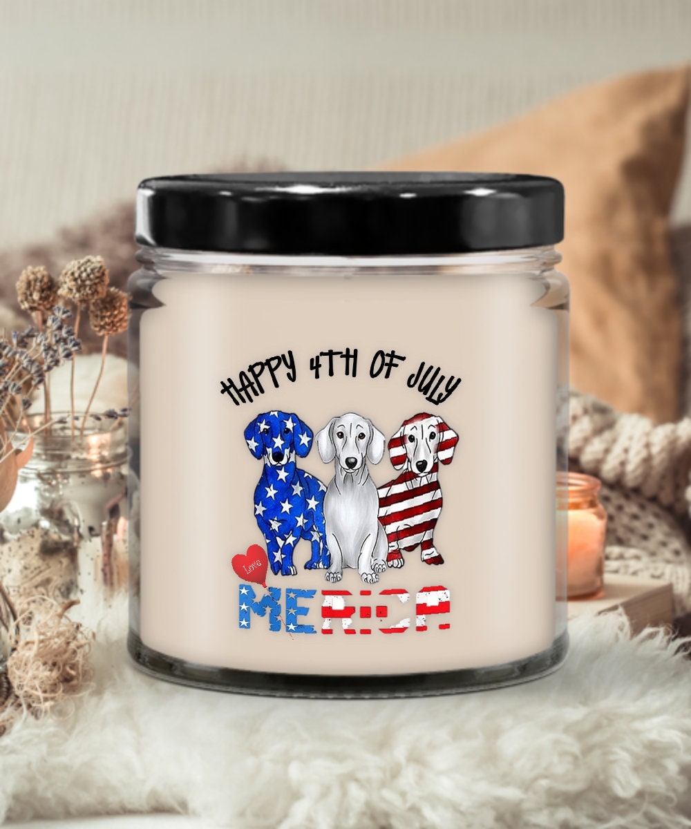 Happy 4th of July America Patriotic Candle with Festive Dogs