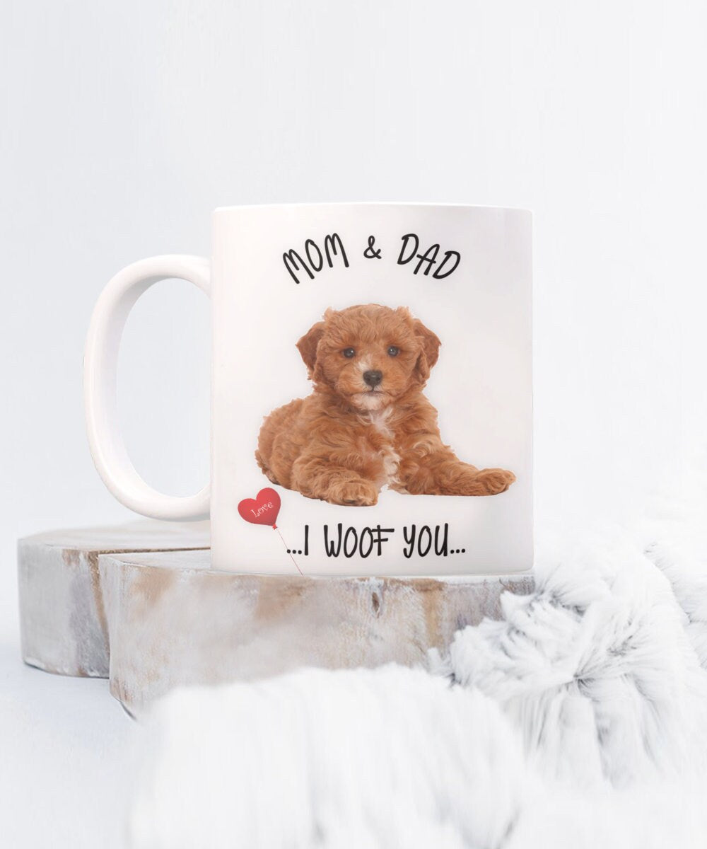 Cavapoo Dog Mug Mom and Dad I Woof You Gift Coffee Cup