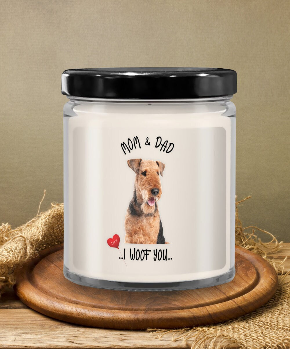 Mom and Dad I Woof You Vanilla Candle Airedale Dog Gift