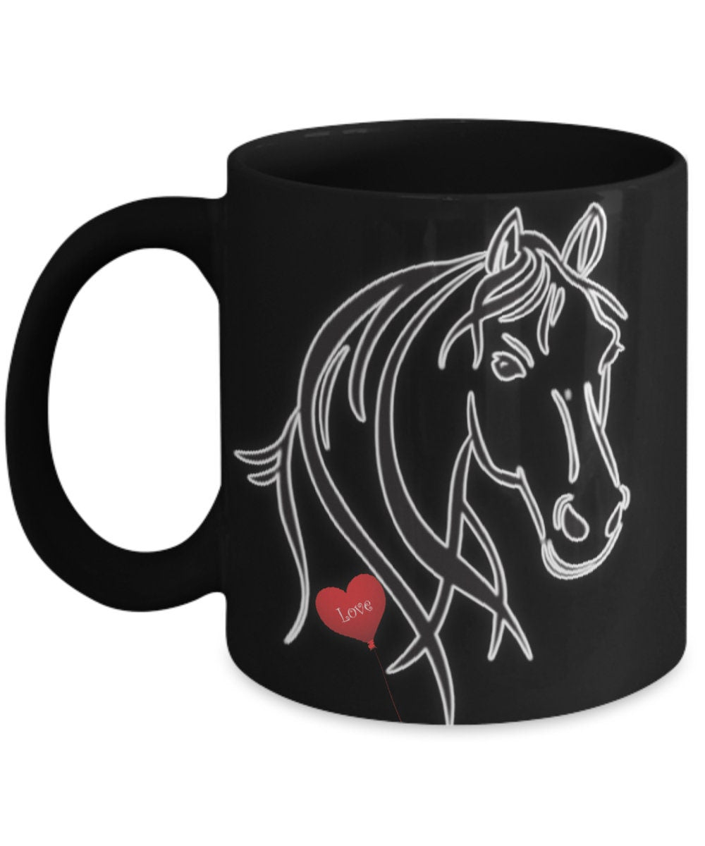 Show your love for horses with this stylish black horse coffee mug