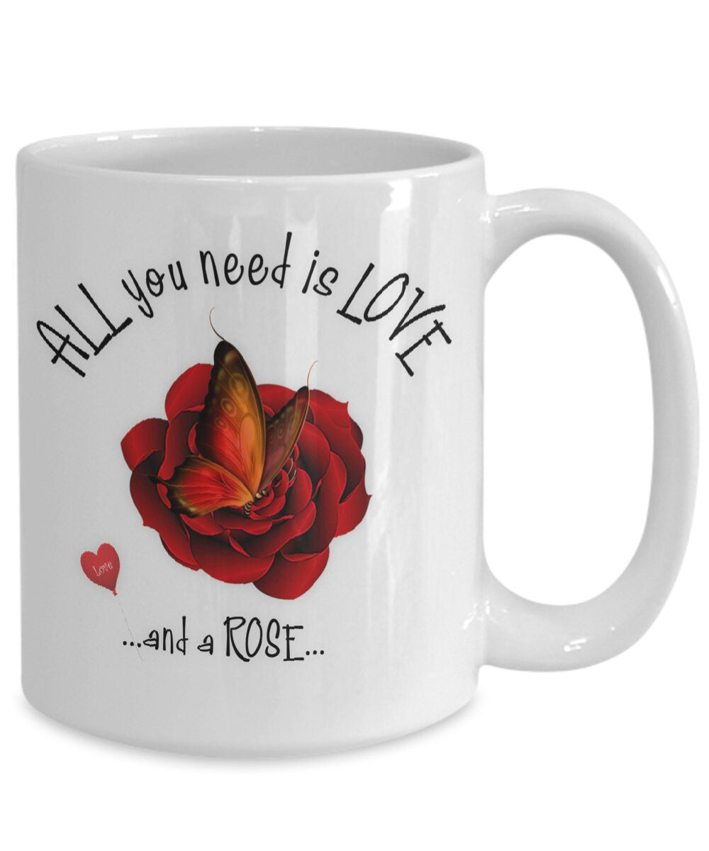 Red Rose Flower Mug with Butterfly and Love Quote Gift for Mom