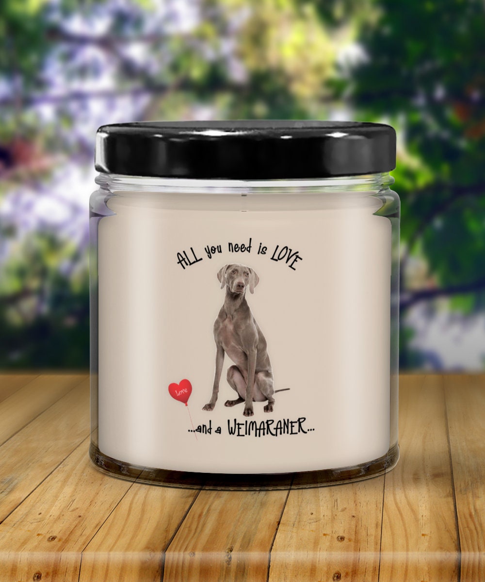 All you need is love with a Weimaraner dog candle