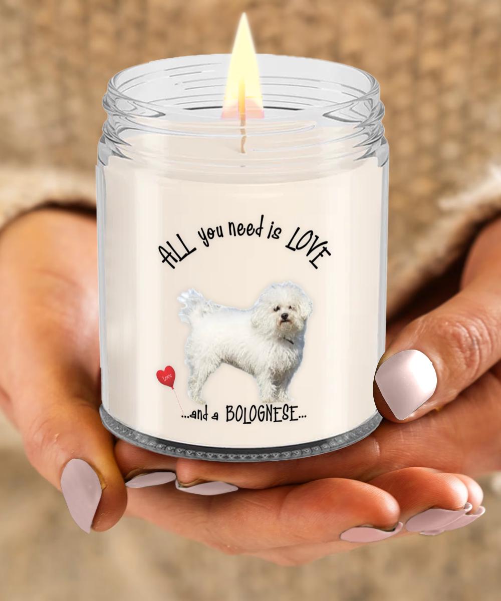 All you need is love and a Bolognese dog candle gift