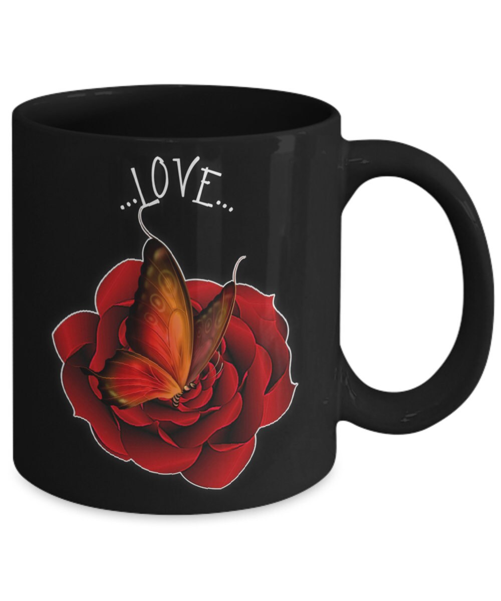 Love coffee mug with butterfly and rose romantic gift idea