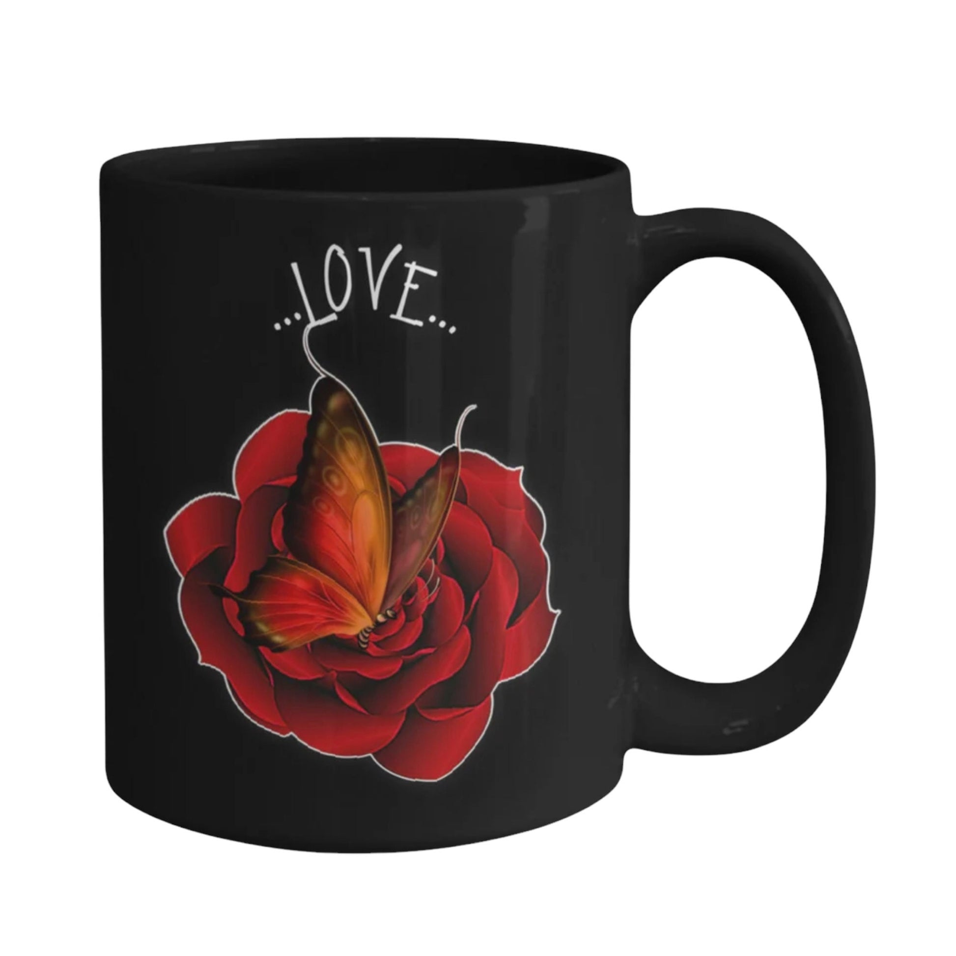 Love coffee mug with butterfly and rose romantic gift idea
