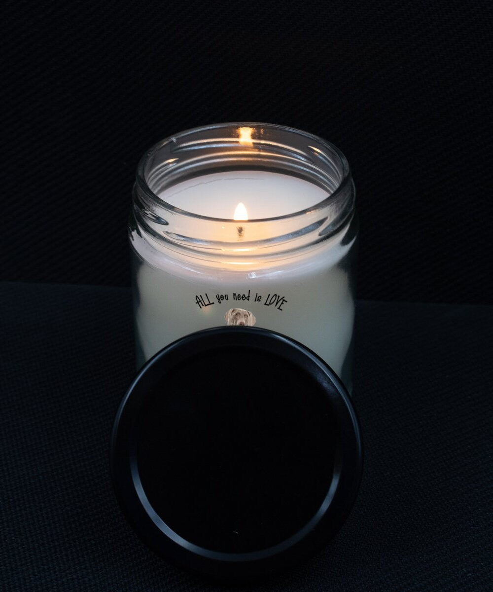 All you need is love with a Weimaraner dog candle