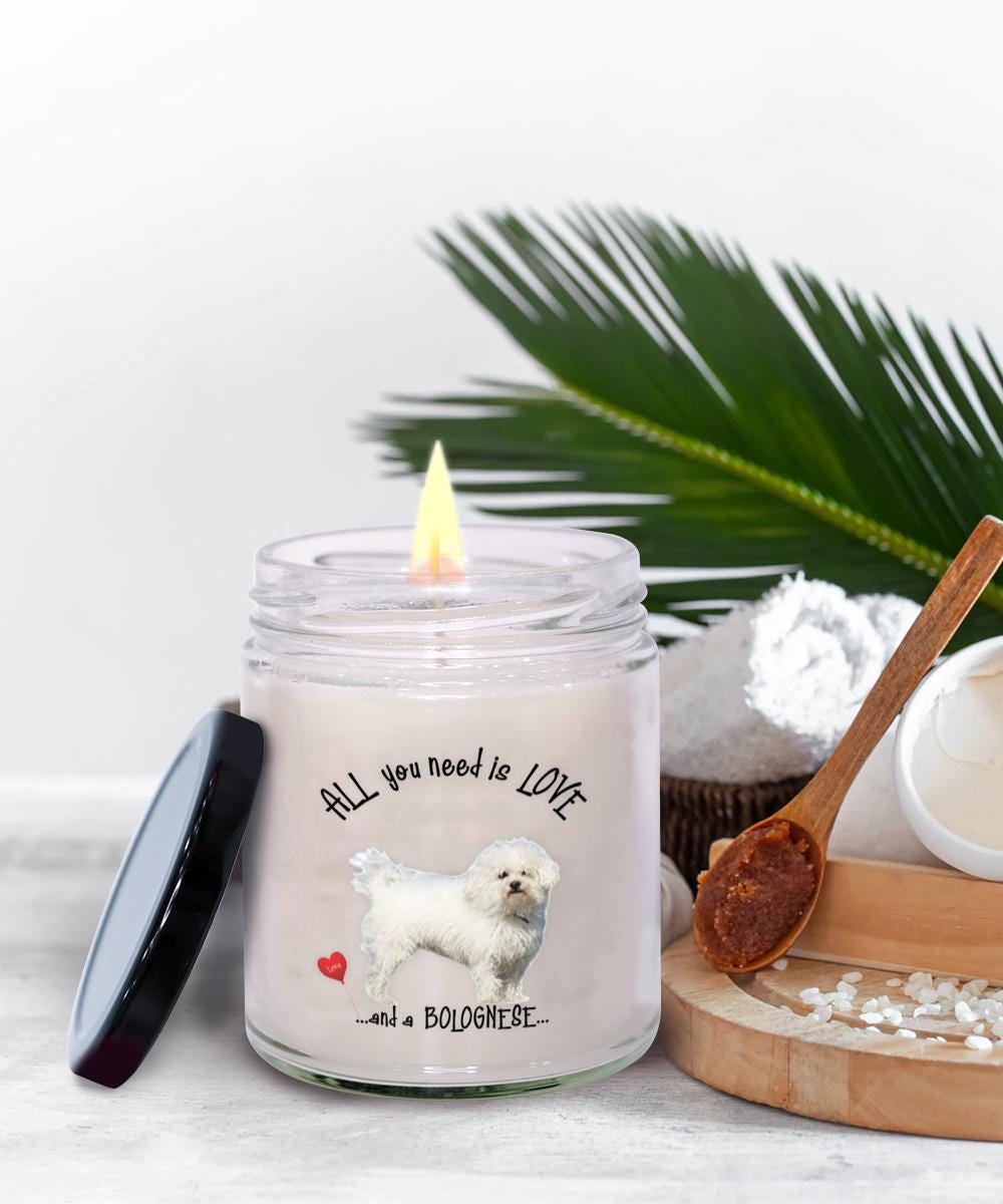 All you need is love and a Bolognese dog candle gift