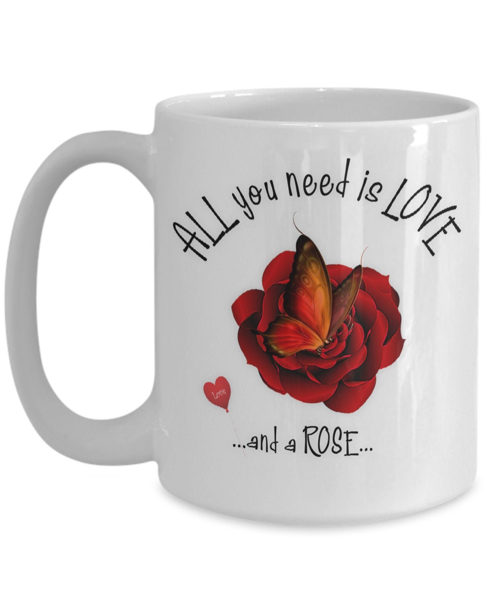 Red Rose Flower Mug with Butterfly and Love Quote Gift for Mom