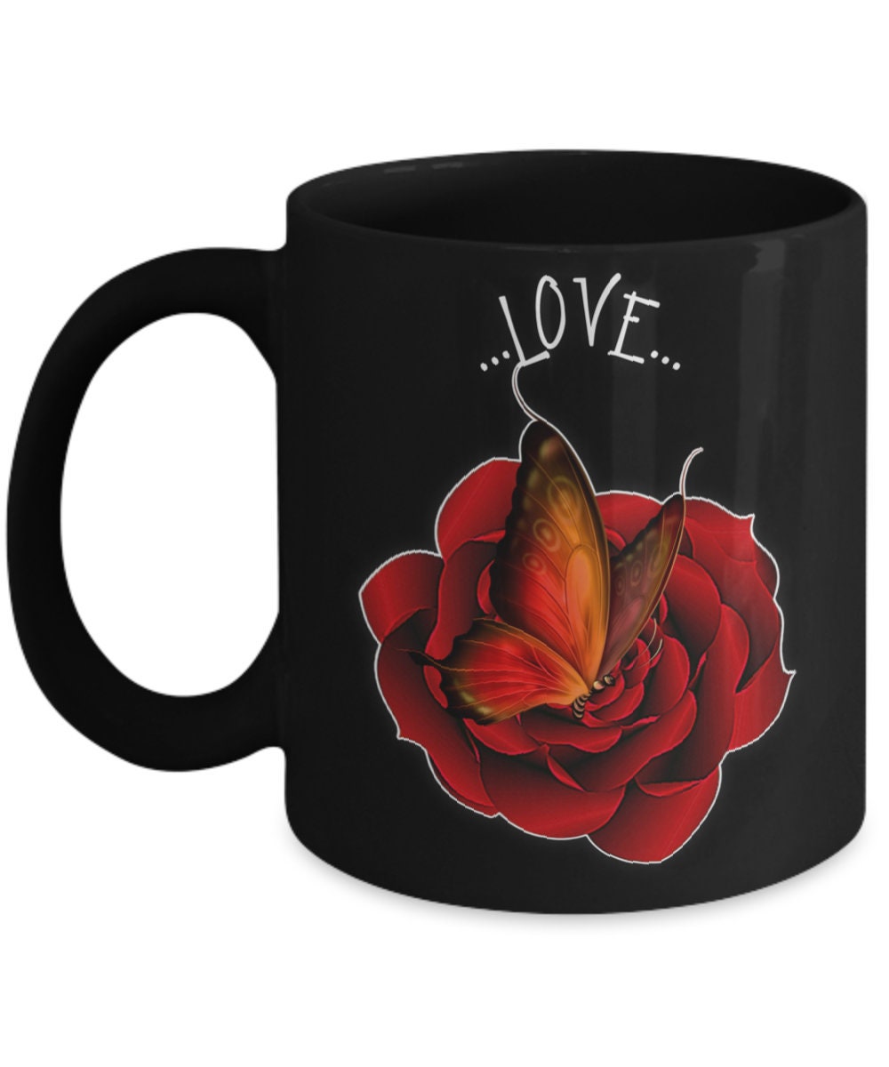 Love coffee mug with butterfly and rose romantic gift idea