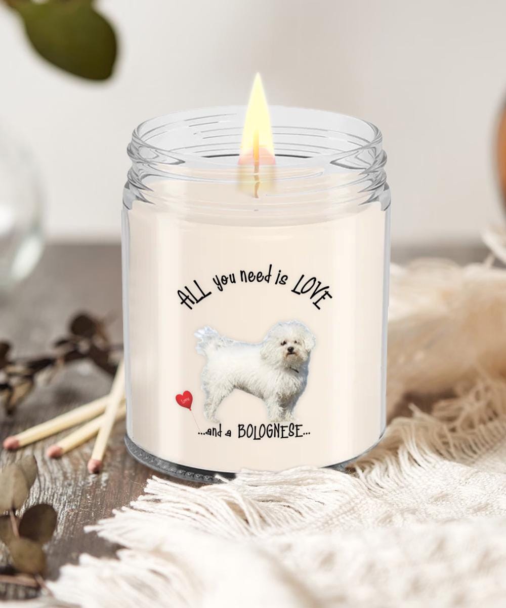 All you need is love and a Bolognese dog candle gift